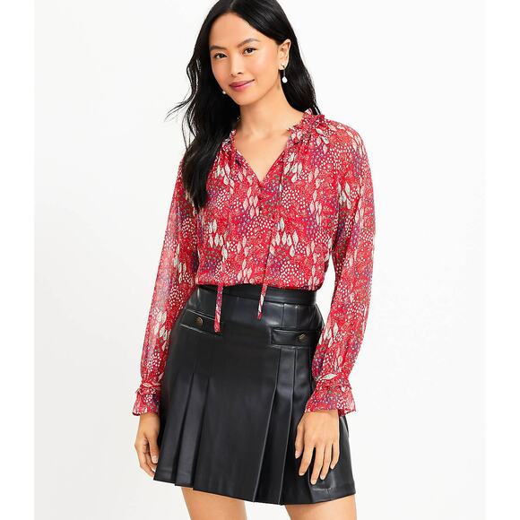 LOFT | Petite Red Garden Floral Ruffle Neck Blouse Top | Small - Picture 2 of 7